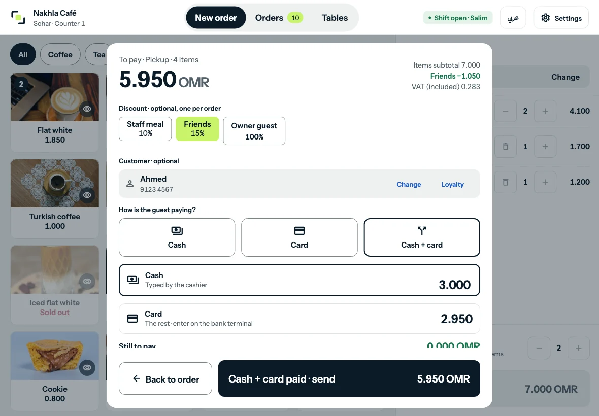 Pay: One pop-up. Cash, card, or both.